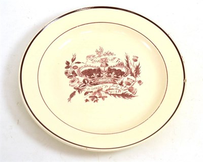 Lot 329 - Staffordshire creamware commemorative plate, circa 1821, printed with a crown and inscription...