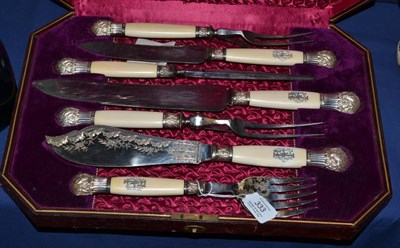 Lot 333 - Victorian seven piece carving set, Lee & Wigfull Sheffield, cased