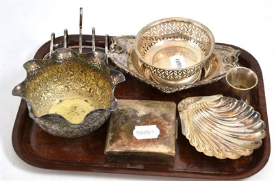 Lot 336 - A silver dish set with a Georgian coin, a shell dish, pierced pedestal bowl, cigarette box,...