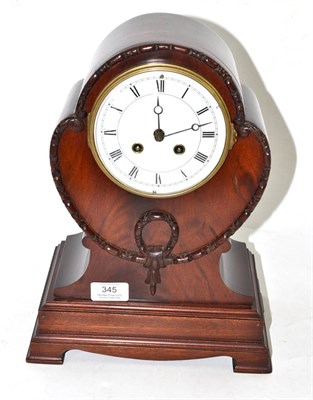 Lot 345 - A mahogany striking mantel clock, circa 1910, 4-1/2-inch dial, twin barrel movement striking on...