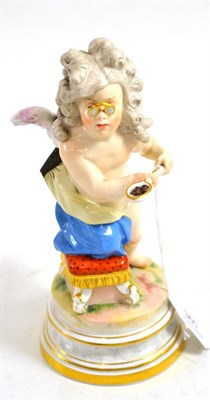 Lot 360 - A Meissen porcelain figure of Cupid in disguise, circa 1700, wearing a wig, on a circular base,...