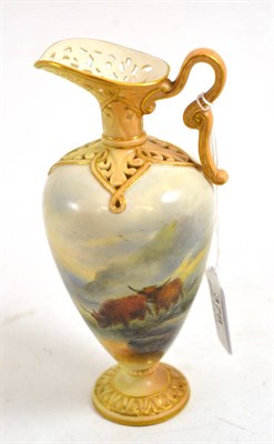 Lot 378 - Royal Worcester porcelain ewer, painted by Harry Stinton with cattle in a Highland landscape,...