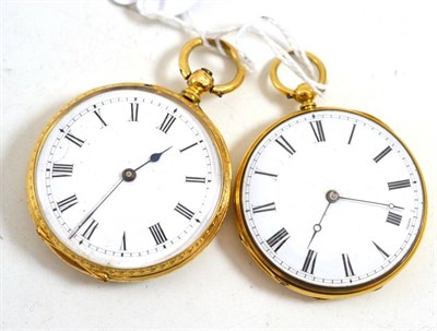 Lot 381 - Two yellow metal cased fob watches, circa 1890, cylinder movements, enamel dials, engine turned and