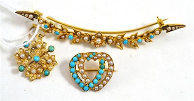 Lot 385 - Two turquoise and seed pearl brooches and a pendant, including a twin heart brooch, measures...