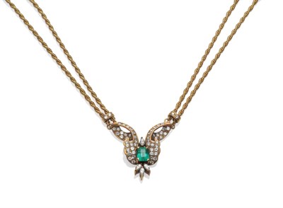 Lot 397 - An emerald and diamond necklace, a frontispiece of an emerald-cut emerald with marquise cut and...