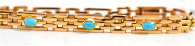 Lot 408 - A turquoise set bracelet, circa 1900, the gate link bracelet set with cabochon turquoise in...