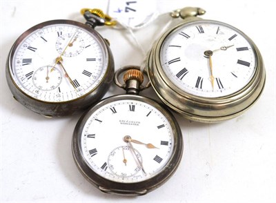 Lot 411 - A gun metal single push chronograph pocket watch, silver open faced pocket watch, pair cased...