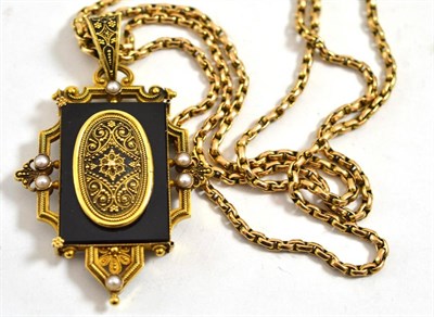 Lot 426 - A micromosaic pendant on chain, an onyx panel with a locket inset with split pearls at...