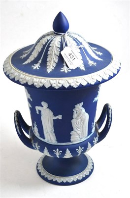 Lot 431 - Wedgwood blue jasper twin-handled urn shaped vase and cover, late 19th century, decorated with...