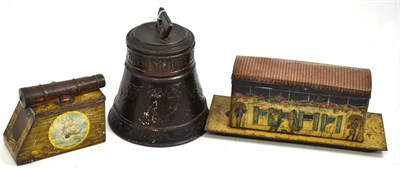 Lot 436 - Three biscuit tins; Jacob & Co's Houseboat, Huntley & Palmers Bell and The Victory Cannon