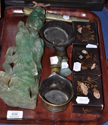 Lot 438 - Two Chinese bronze smoothing irons with jade handles, fluorite figure of Guanyin with broken stand