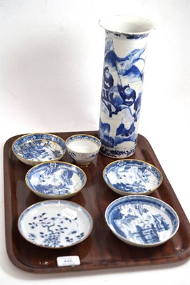 Lot 446 - Five 18th century blue and white saucers, an 18th century tea bowl and an 18th century Chinese vase