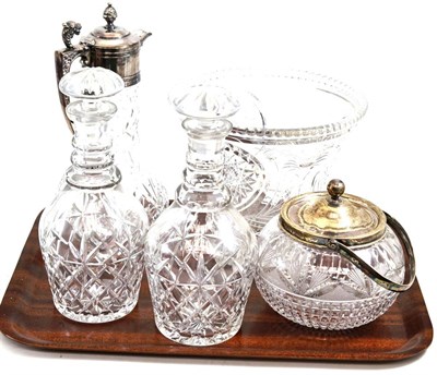 Lot 455 - A silver plated and cut glass claret jug, two decanters with stoppers, cut glass vase and a...