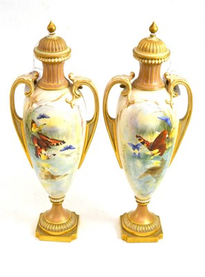 Lot 466 - Pair of Royal Worcester vases and covers decorated with butterflies, 34cm high (restored)