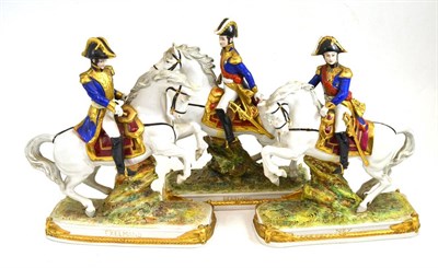 Lot 475 - Three German porcelain equestrian figures, one stamped ";EXELMANS"; and two ";BERTRAND"; 26cm high