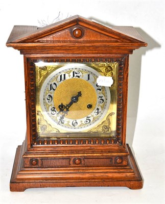 Lot 481 - An oak striking mantel clock, circa 1910, silvered chapter ring, twin barrel movement stamped...