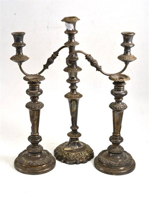 Lot 485 - A plated candelabra and two candlesticks