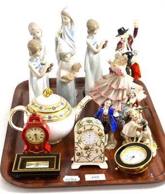 Lot 488 - Tray including four Lladro figures, pair of Sitzendorf china figures, Capodimonte, gilt...