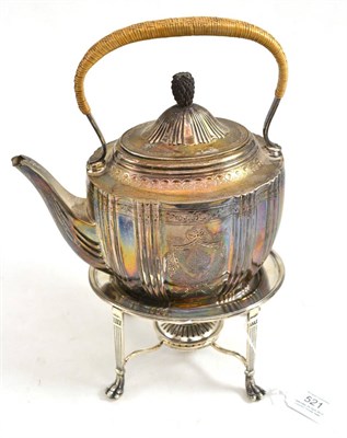 Lot 521 - A Victorian silver tea kettle, stand and burner, London 1882, with caned handle and carved wood...