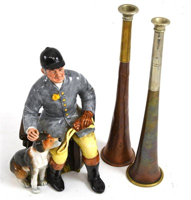 Lot 522 - Two copper and brass hunting horns, George Parker & Swain & Adenay and a Royal Doulton china figure