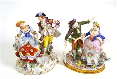 Lot 529 - A Dresden porcelain figure group of a shepherd and shepherdess 19cm high and a similar group of...