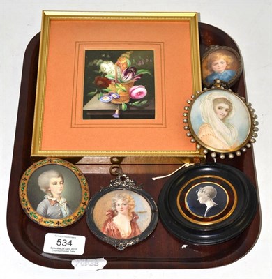 Lot 534 - Five framed miniatures and a framed still life painted plaque