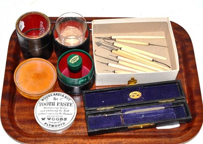 Lot 535 - Victorian ivory handled medical tools, some stamped WEISS LONDON, tooth paste pot lid, etc