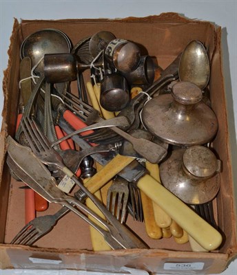 Lot 536 - Four small silver cups, two inkwells, a sifter spoon, two fish knives, two forks and a quantity...