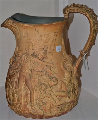 Lot 556 - Victorian pottery large jug decorated with Siege of Seringapatam, after Allcock