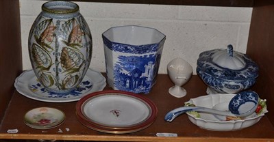 Lot 578 - Shelf including large Denby vase, blue and white transfer printed planter, vegetable tureen and...