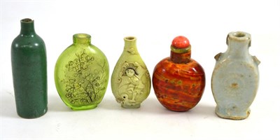 Lot 585 - Three pottery and two glass Chinese snuff bottles