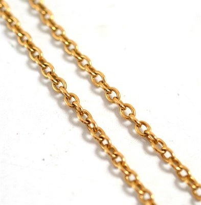 Lot 592 - A long length trace link chain, bolt ring stamped '18CT', chain with applied plaque marked...