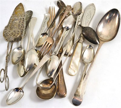 Lot 598 - A small quantity of Georgian and later flatware and a Continental white metal server