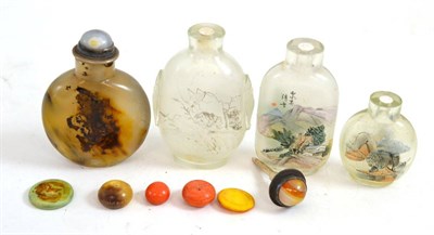 Lot 606 - An agate snuff bottle, three interior painted glass snuff bottles and a quantity of stoppers