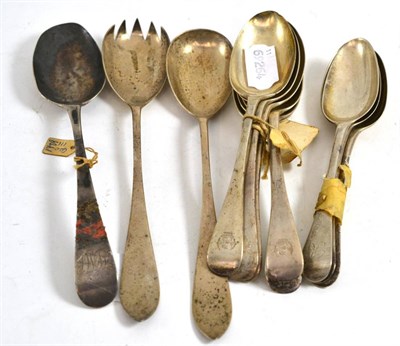 Lot 618 - Six Walker & Hall dessert spoons, a pair of salad servers, three Georgian dessert spoons and a...