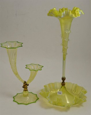 Lot 622 - A Victorian green Vaseline glass epergne, height 46cm, and a smaller two branch example, height...