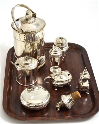 Lot 636 - Four silver condiments, silver snuff box, silver bottle stopper and plated mustard