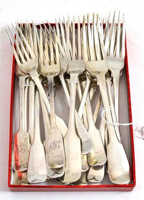 Lot 642 - Twenty-one assorted silver table forks, some engraved with a family crest