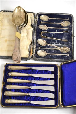 Lot 651 - Six silver teaspoons and tongs cased, six fruit knives cased and five Walker & Hall crested...