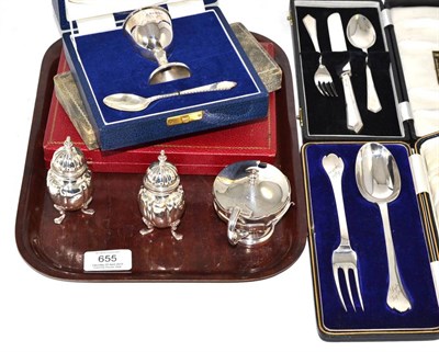 Lot 655 - Pair of silver pepperettes, silver salt, six silver teaspoons to commemorate silver hallmarks, four