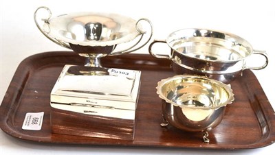 Lot 668 - Silver twin-handled sugar basin engraved 'J B L 1936', silver hinged cigarette box, silver...