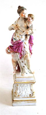 Lot 680 - Dresden classical figure group standing on a parcel gilt pedestal base, 27cm high