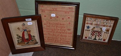 Lot 684 - Early 19th century framed alphabet sampler, 29cm by 25cm; another alphabet sampler dated 1871, 20cm