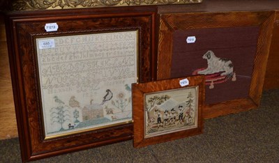 Lot 685 - Framed alphabet sampler by Hannah Marrap, dated 1824, 26cm by 26cm; a woolwork picture of a...