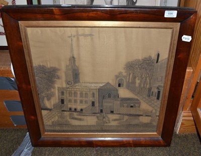 Lot 686 - A 19th century silkwork panel depicting church in a landscape, circa 1830, 46cm by 47cm