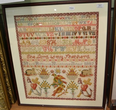 Lot 687 - Framed alphabet sampler by Maude Robinson, Nunthorpe School, dated 1887, 58cm by 49cm