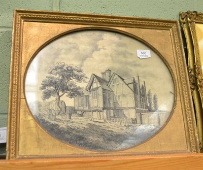 Lot 688 - A Georgian oval picture on cotton depicting ";Cowley's House at Chertsey";, panel 30cm by 37cm...