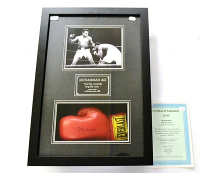 Lot 1004 - A Signed Muhammad Ali Boxing Glove Montage, comprising a glove, photograph and quotation, in an...