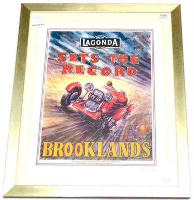 Lot 1005 - A Signed Phil May Motor Racing Poster Study 'Brooklands Lagonda Sets the Record', pencil...