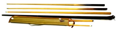 Lot 1010 - Three Vintage Snooker Cues, in tin carry cases, together with a two piece cue, in soft case (4)